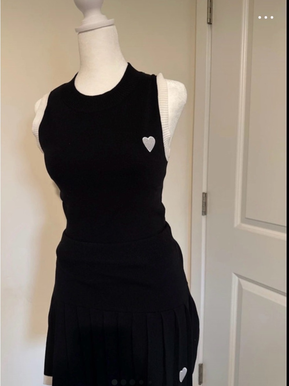 Black Sleeveless Knit Top & Skirt Set with Heart Accent - Women's